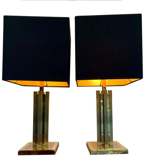 A PAIR OF 1970S WILLY RIZZO STLYE BRASS LAMPS WITH NEW BESPOKE SHADES