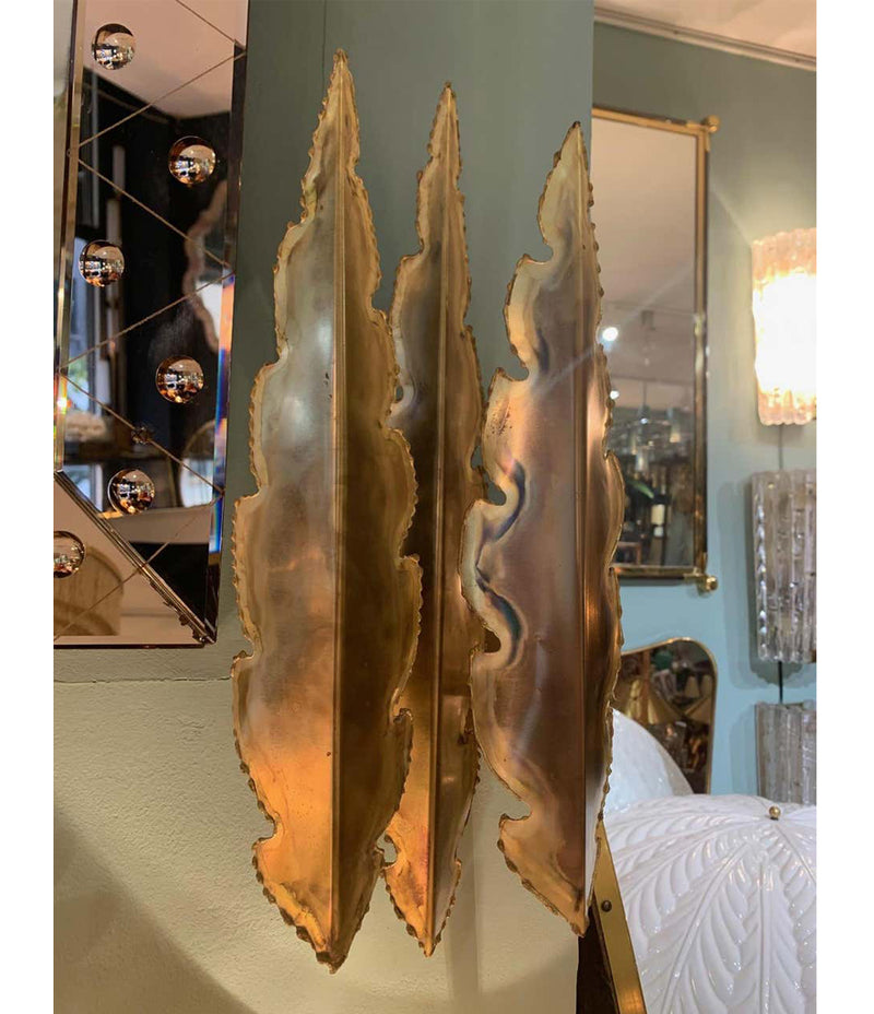 PAIR OF HOLM SORENSEN TORCH CUT BRASS BRUTALIST WALL SCONCES WITH TWO FITTINGS