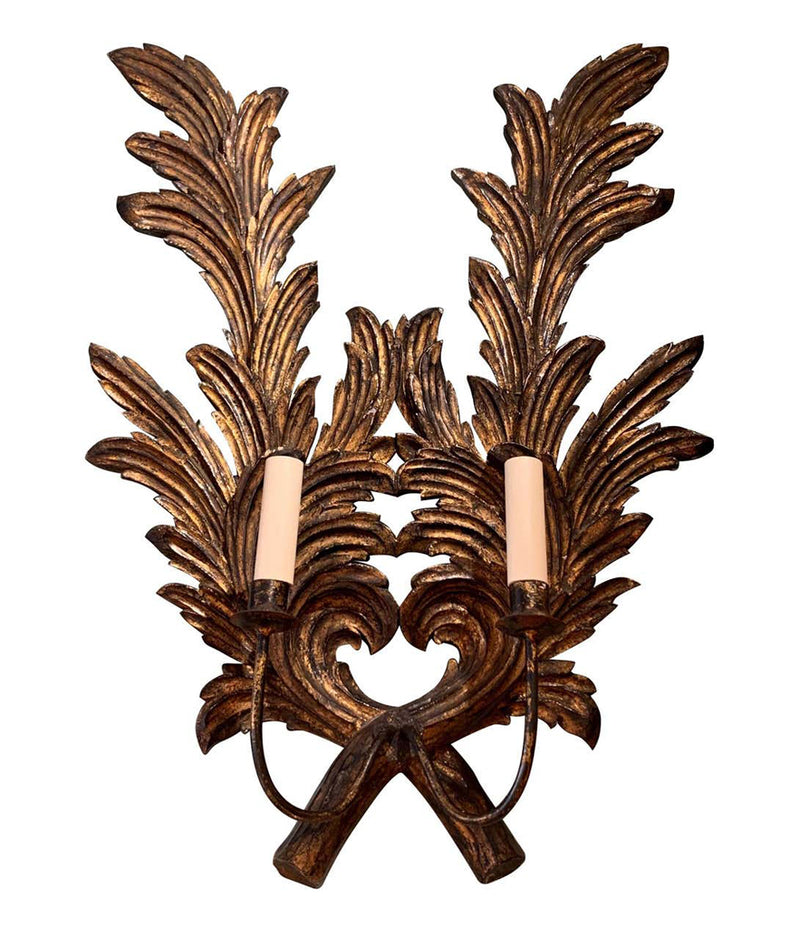 A PAIR OF LARGE 1940S ITALIAN CARVED GILTWOOD LEAF SCONCES WITH TWO FITTINGS.