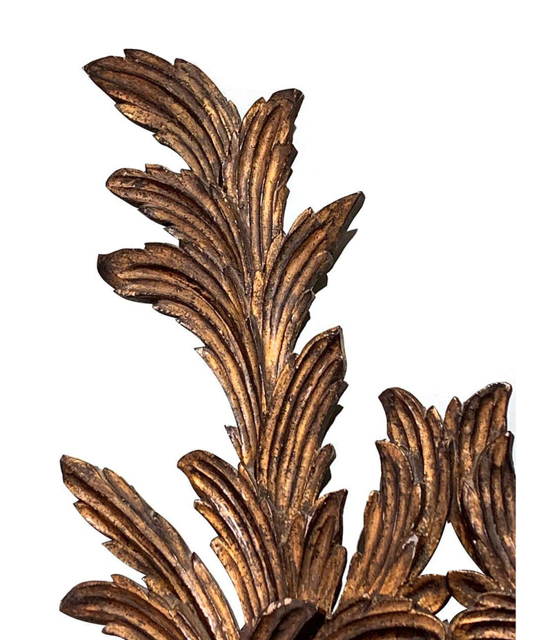 A PAIR OF LARGE 1940S ITALIAN CARVED GILTWOOD LEAF SCONCES WITH TWO FITTINGS.