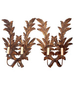 A PAIR OF LARGE 1940S ITALIAN CARVED GILTWOOD LEAF SCONCES WITH TWO FITTINGS.