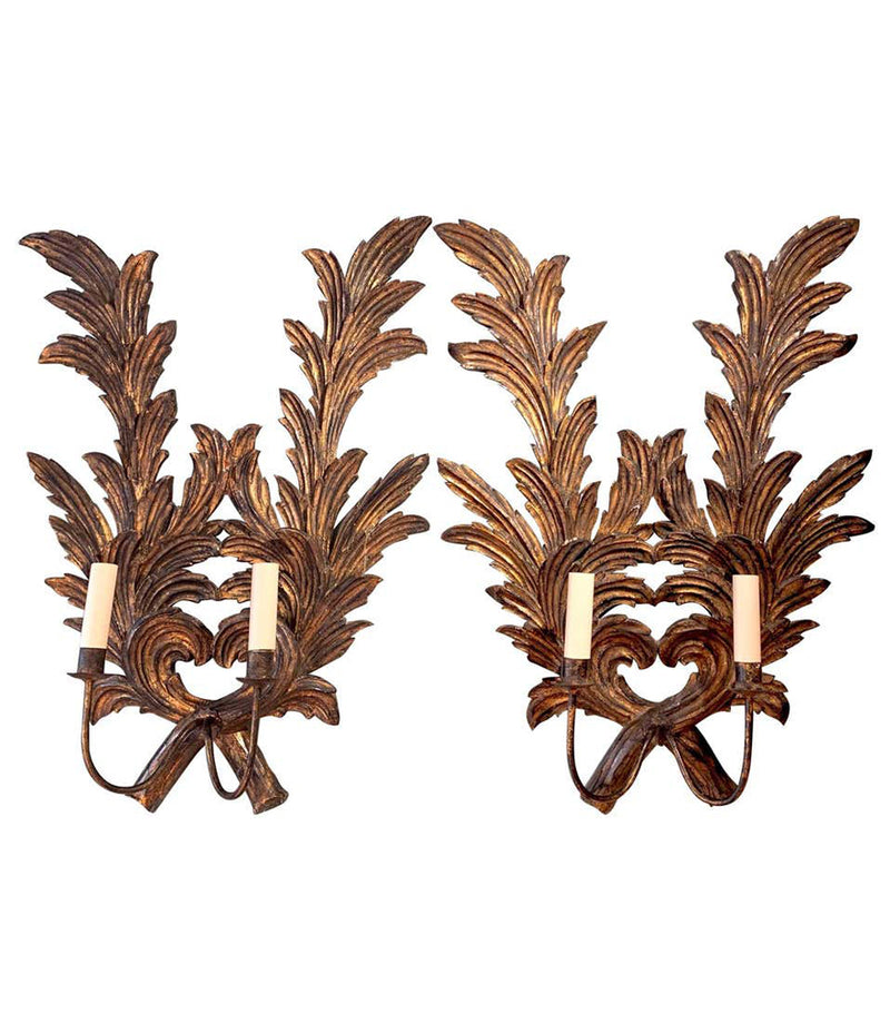 A PAIR OF LARGE 1940S ITALIAN CARVED GILTWOOD LEAF SCONCES WITH TWO FITTINGS.