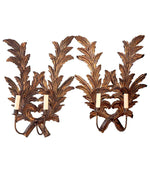 A PAIR OF LARGE 1940S ITALIAN CARVED GILTWOOD LEAF SCONCES WITH TWO FITTINGS.