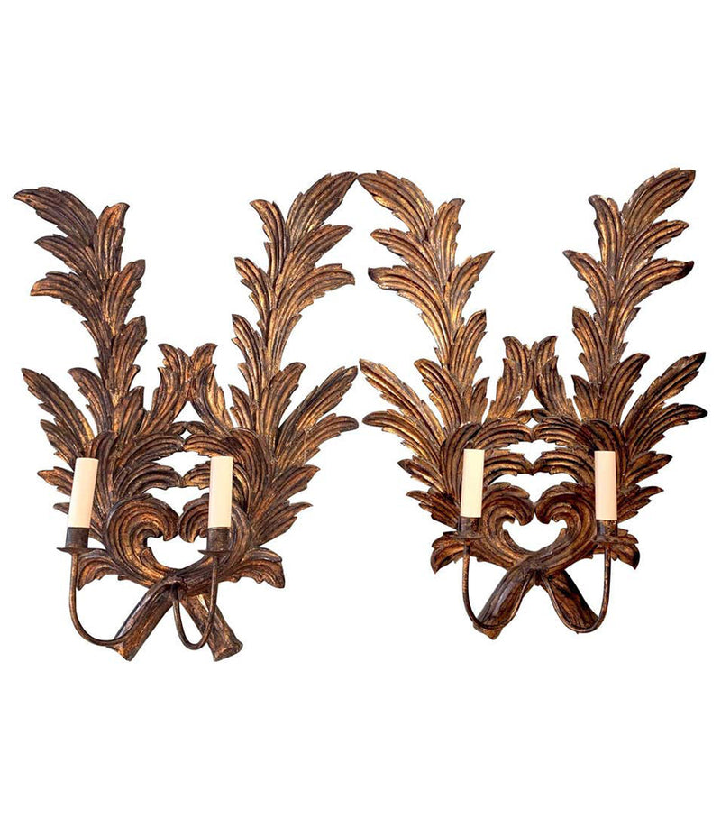 A PAIR OF LARGE 1940S ITALIAN CARVED GILTWOOD LEAF SCONCES WITH TWO FITTINGS.