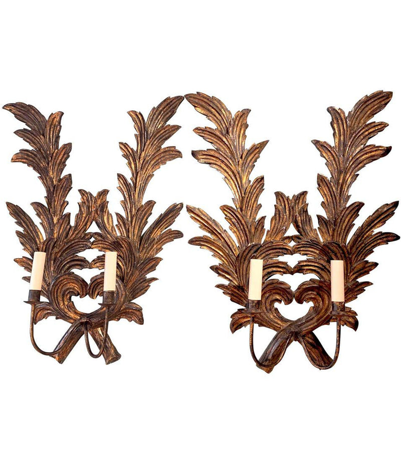 A PAIR OF LARGE 1940S ITALIAN CARVED GILTWOOD LEAF SCONCES WITH TWO FITTINGS.