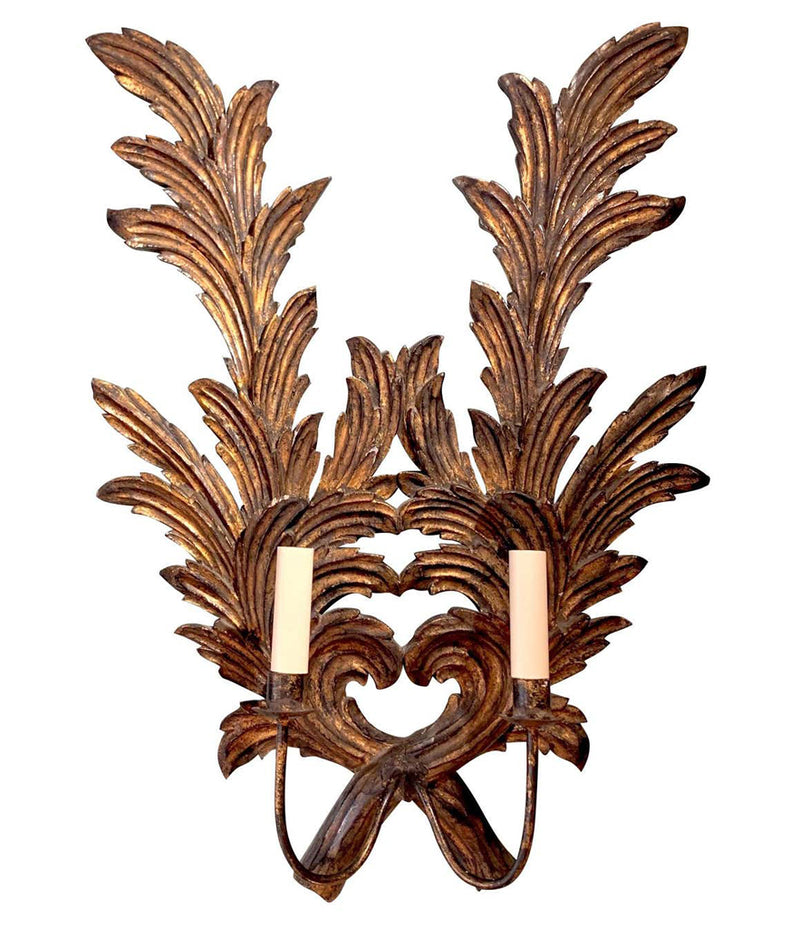 A PAIR OF LARGE 1940S ITALIAN CARVED GILTWOOD LEAF SCONCES WITH TWO FITTINGS.