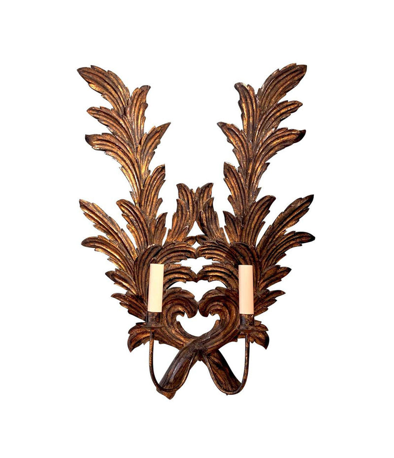 A PAIR OF LARGE 1940S ITALIAN CARVED GILTWOOD LEAF SCONCES WITH TWO FITTINGS.