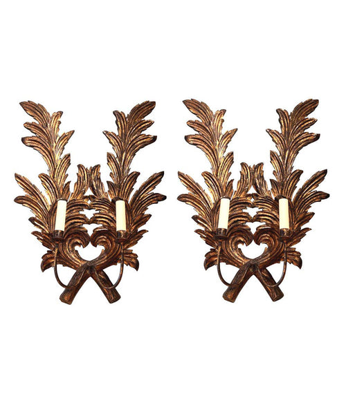 A PAIR OF LARGE 1940S ITALIAN CARVED GILTWOOD LEAF SCONCES WITH TWO FITTINGS.