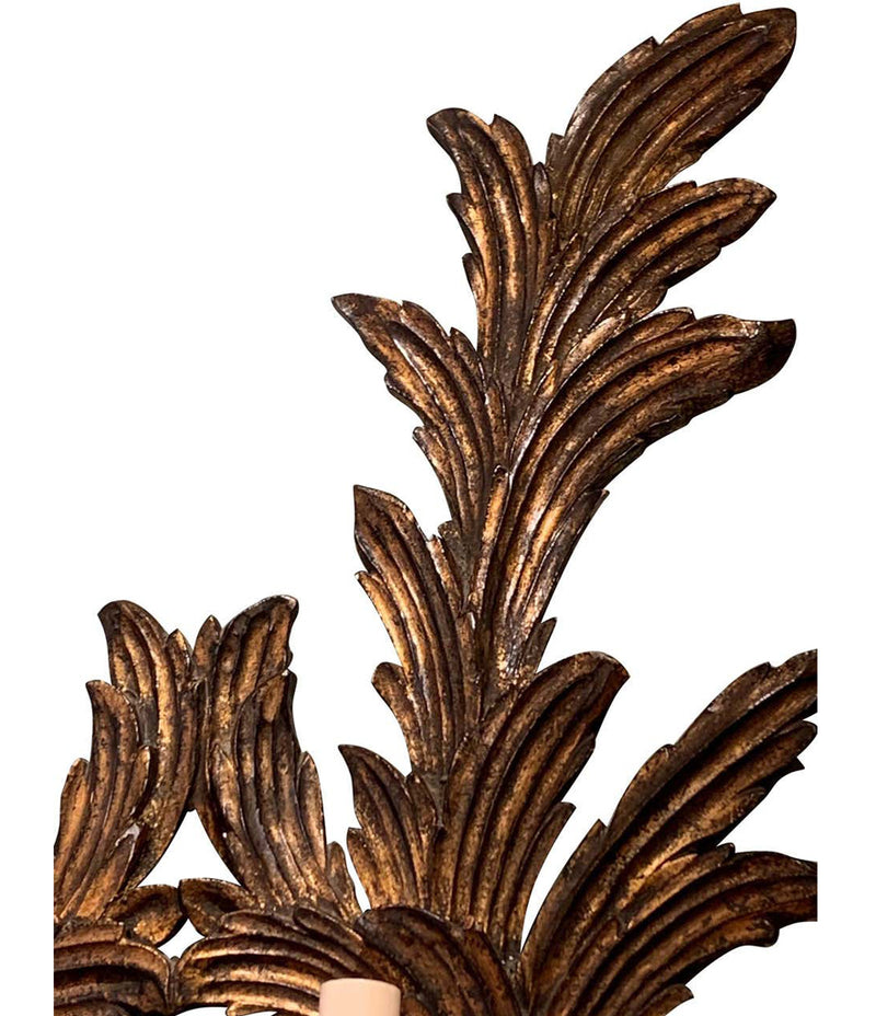 A PAIR OF LARGE 1940S ITALIAN CARVED GILTWOOD LEAF SCONCES WITH TWO FITTINGS.