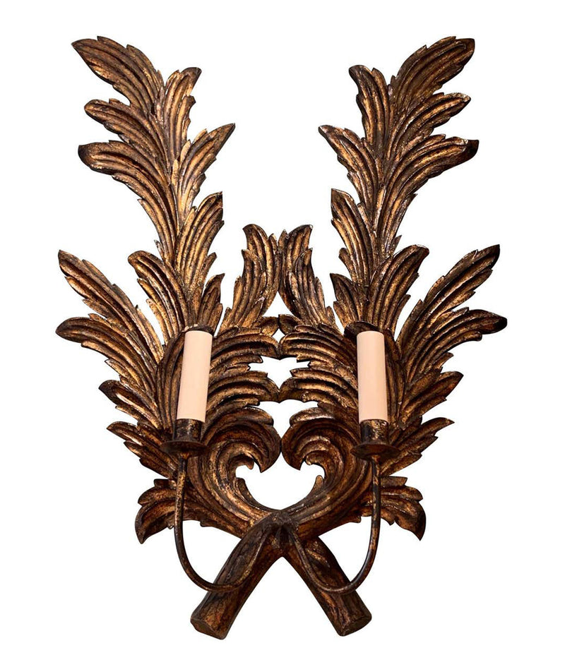 A PAIR OF LARGE 1940S ITALIAN CARVED GILTWOOD LEAF SCONCES WITH TWO FITTINGS.
