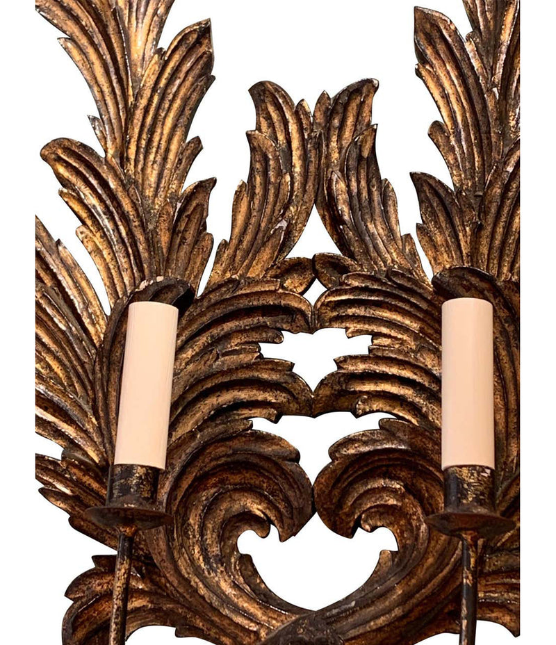 A PAIR OF LARGE 1940S ITALIAN CARVED GILTWOOD LEAF SCONCES WITH TWO FITTINGS.