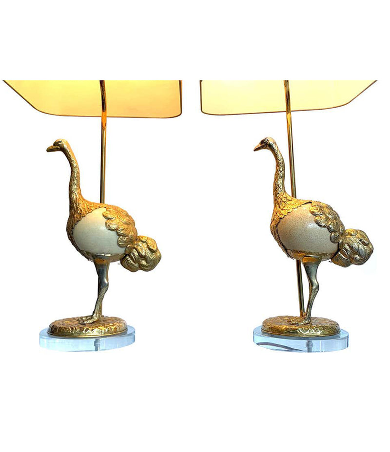 A RARE PAIR OF GABRIELLA CRESPI "STRUZZO" LAMPS WITH REAL OSTRICH EGG BODIES