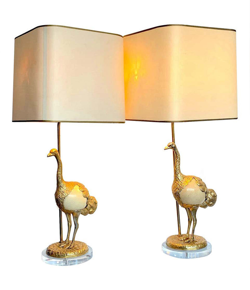 A RARE PAIR OF GABRIELLA CRESPI "STRUZZO" LAMPS WITH REAL OSTRICH EGG BODIES