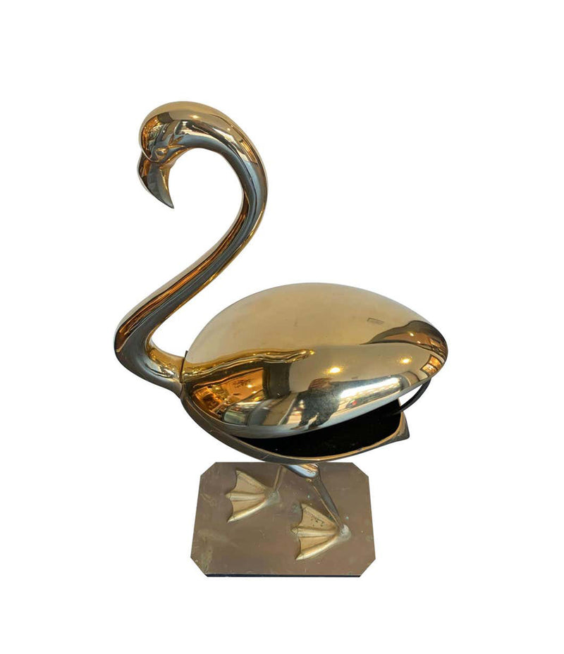 A STUNNING LARGE BRASS FLAMINGO SCULPTURE BY FONDICA WITH HINGES BACK WINGS