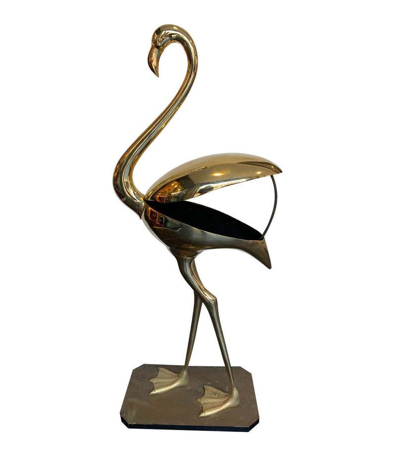 A STUNNING LARGE BRASS FLAMINGO SCULPTURE BY FONDICA WITH HINGES BACK WINGS