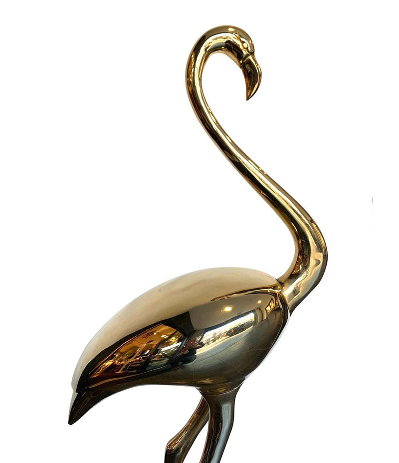 A STUNNING LARGE BRASS FLAMINGO SCULPTURE BY FONDICA WITH HINGES BACK WINGS