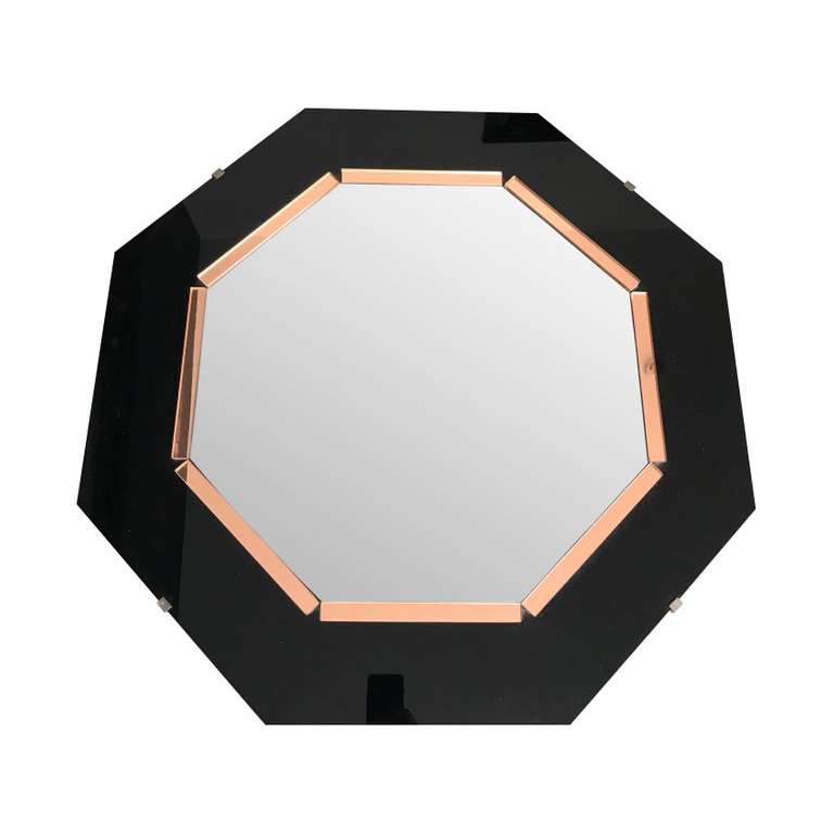 BLACK GLASS AND ROSE MIRROR ART DECO STYLE OCTAGONAL MIRROR