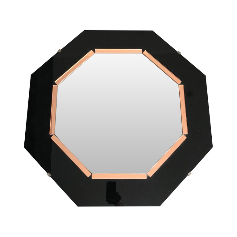 BLACK GLASS AND ROSE MIRROR ART DECO STYLE OCTAGONAL MIRROR