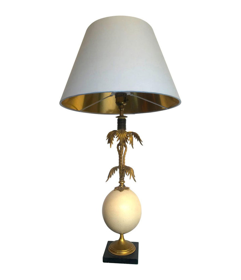 BRASS PALM TREE TABLE LAMP WITH REAL OSTRICH EGG CENTRE