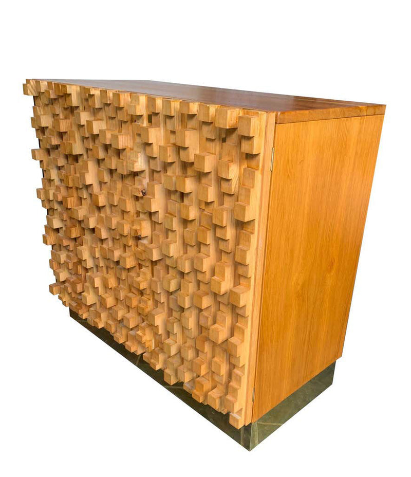 BRUTALIST GEOMETRIC BLOCK WOOD BEECH CABINET IN THE STYLE OF PERCIVAL LAFER
