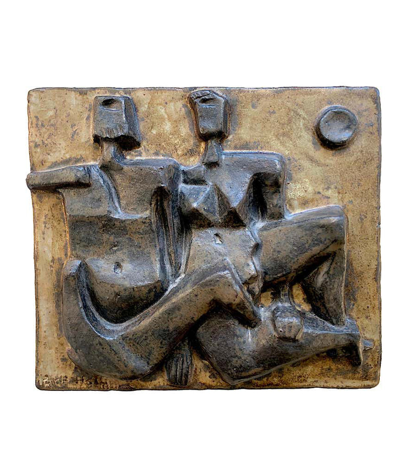 CERAMIC STONEWARE PLAGUE BY AKE HOLM OF A BRUTALIST GEOMETRIC NUDE COUPLE