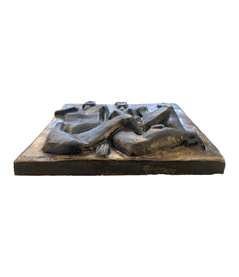 CERAMIC STONEWARE PLAGUE BY AKE HOLM OF A BRUTALIST GEOMETRIC NUDE COUPLE