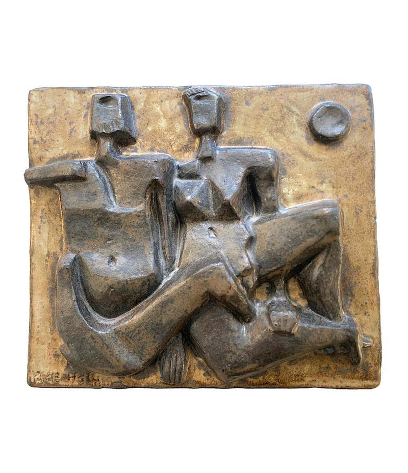 CERAMIC STONEWARE PLAGUE BY AKE HOLM OF A BRUTALIST GEOMETRIC NUDE COUPLE