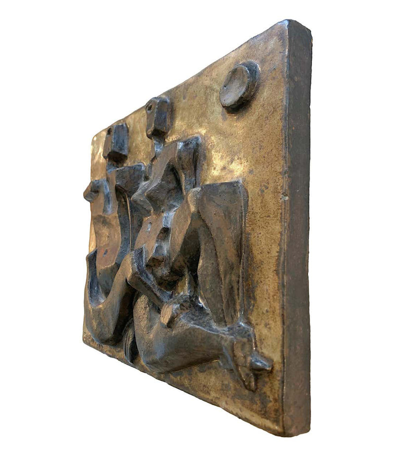 CERAMIC STONEWARE PLAGUE BY AKE HOLM OF A BRUTALIST GEOMETRIC NUDE COUPLE