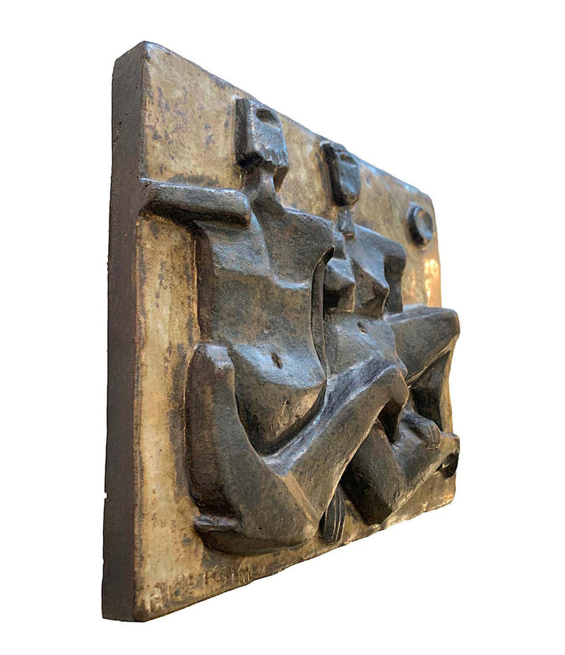 CERAMIC STONEWARE PLAGUE BY AKE HOLM OF A BRUTALIST GEOMETRIC NUDE COUPLE