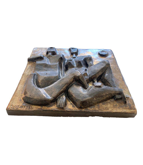 CERAMIC STONEWARE PLAGUE BY AKE HOLM OF A BRUTALIST GEOMETRIC NUDE COUPLE