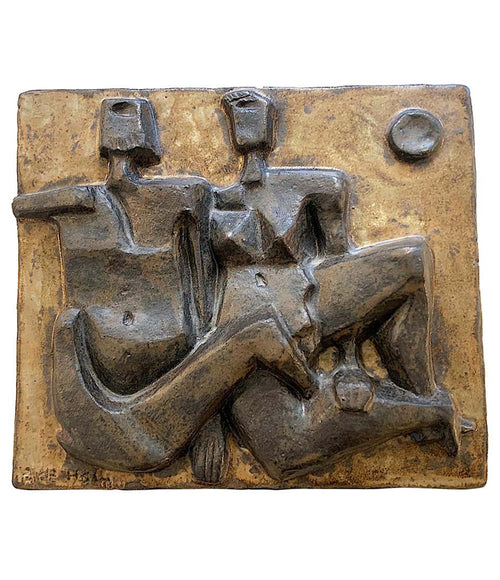 CERAMIC STONEWARE PLAGUE BY AKE HOLM OF A BRUTALIST GEOMETRIC NUDE COUPLE