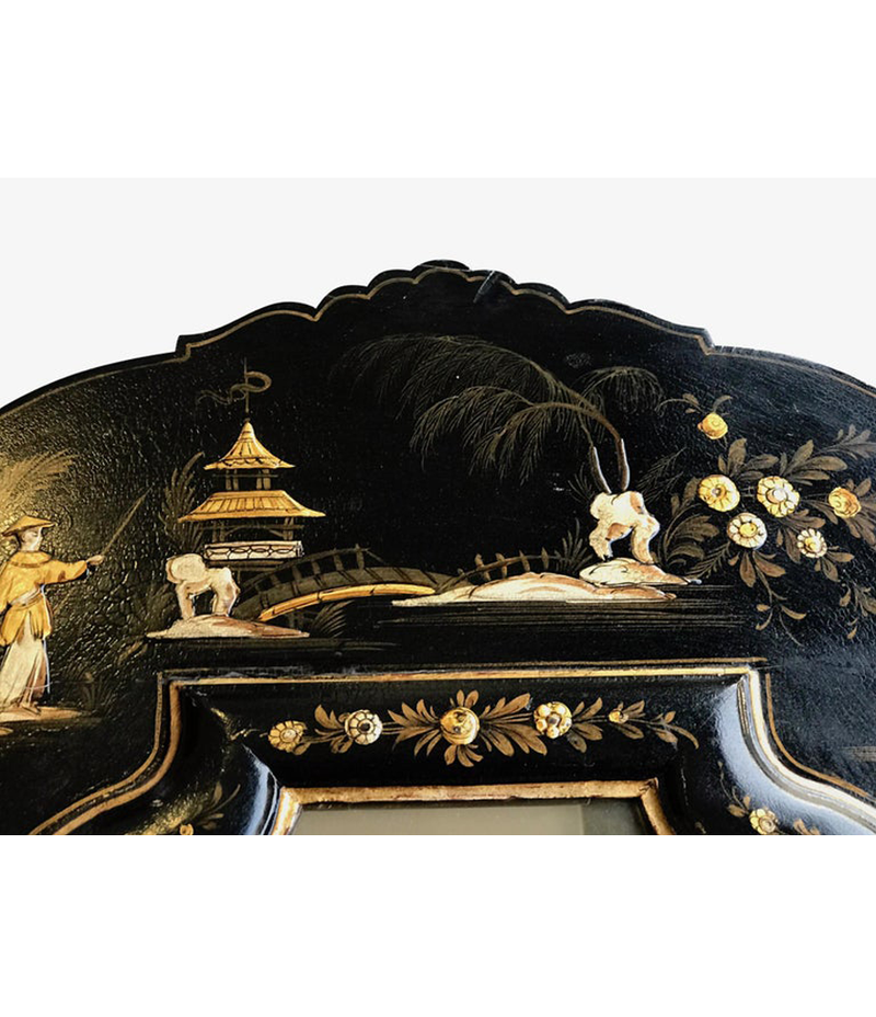 CHINOISERIE MIRROR WITH BLACK LACQUER FRAME WITH BIRDS, FIGURES AND FLOWERS