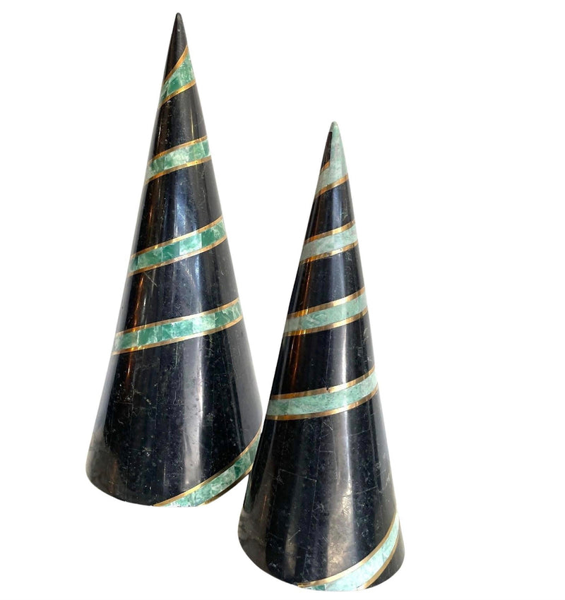 A pair of Maitland Smith tessellated marble and brass conical sculptures