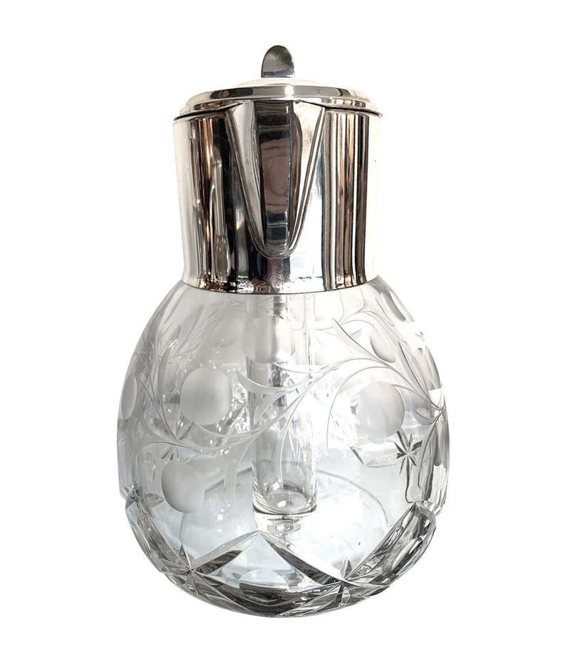 ENGLISH SILVER PLATED CRYSTAL LEMONADE / COCKTAIL JUG WITH ENGRAVED LEAVES