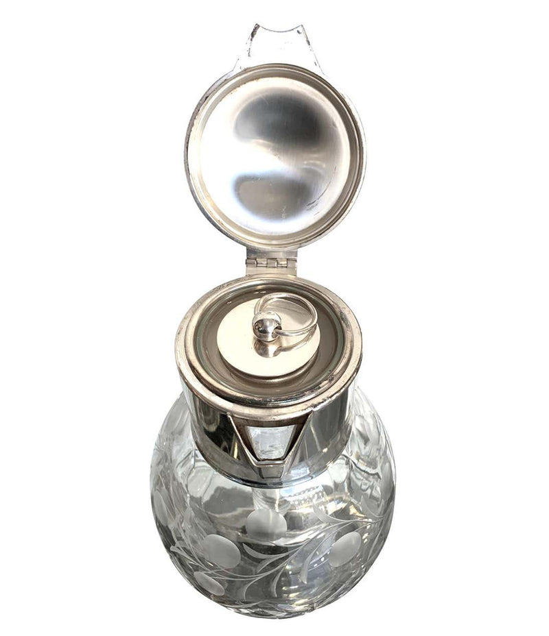 ENGLISH SILVER PLATED CRYSTAL LEMONADE / COCKTAIL JUG WITH ENGRAVED LEAVES