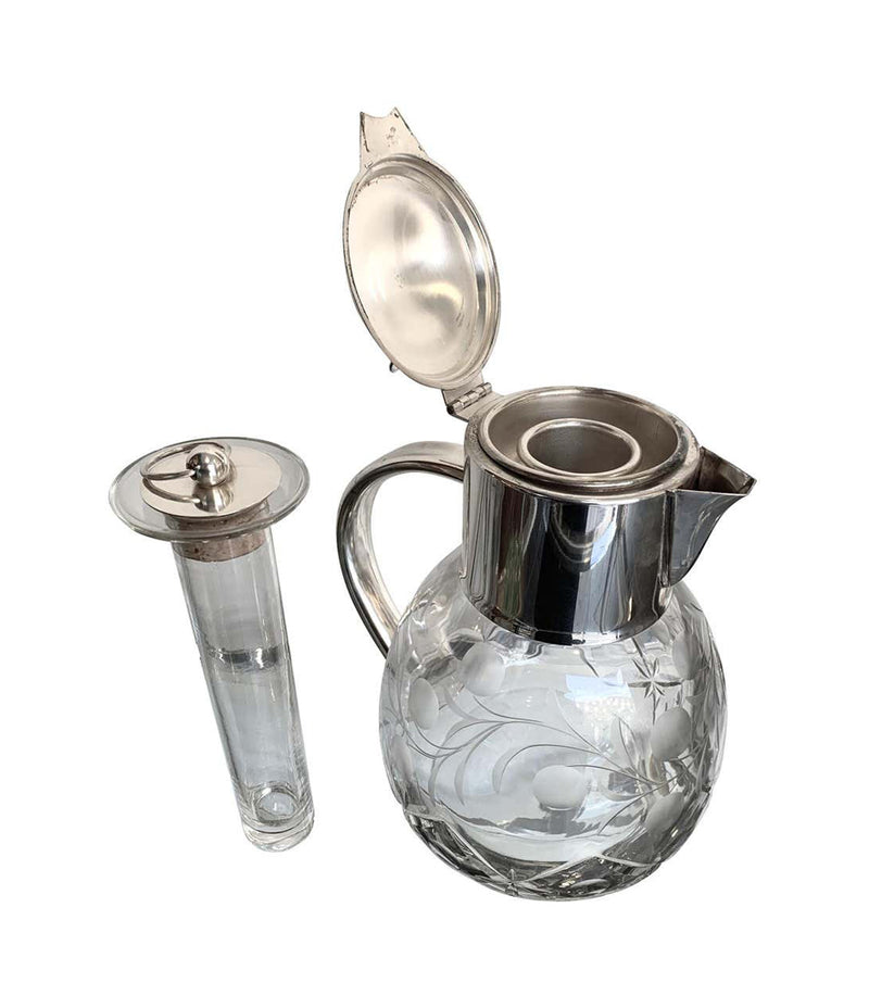 ENGLISH SILVER PLATED CRYSTAL LEMONADE / COCKTAIL JUG WITH ENGRAVED LEAVES