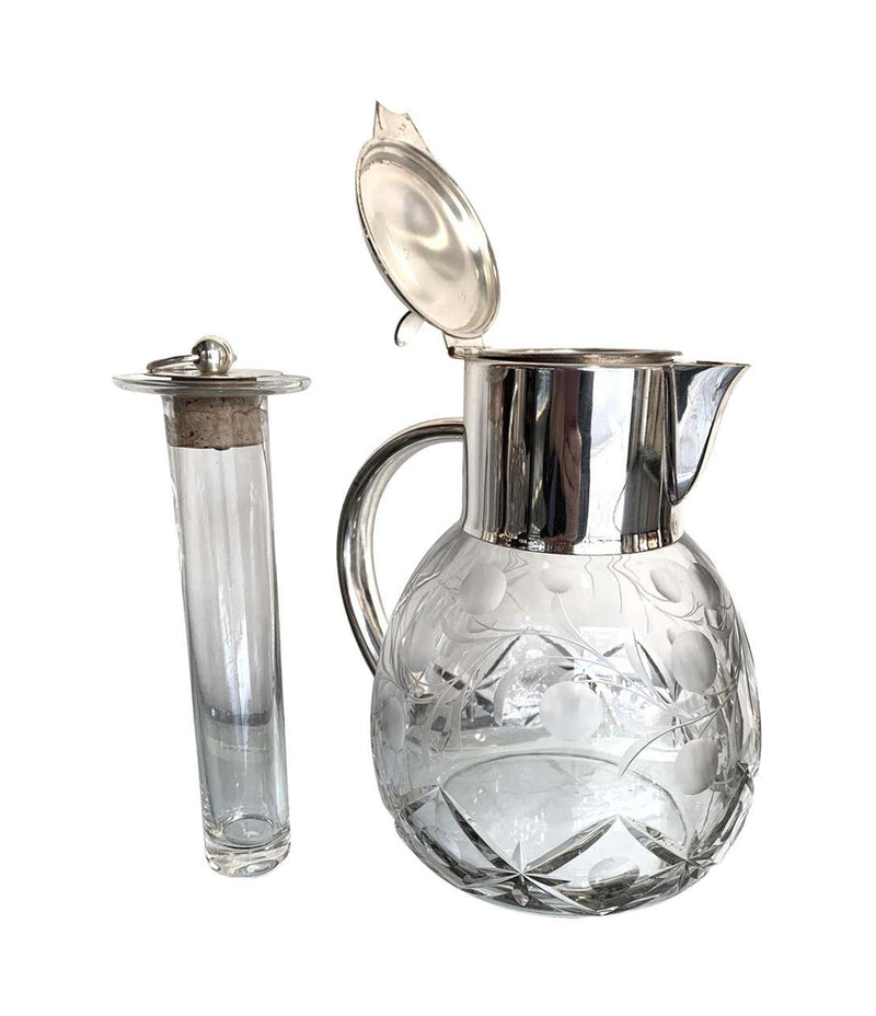 ENGLISH SILVER PLATED CRYSTAL LEMONADE / COCKTAIL JUG WITH ENGRAVED LEAVES