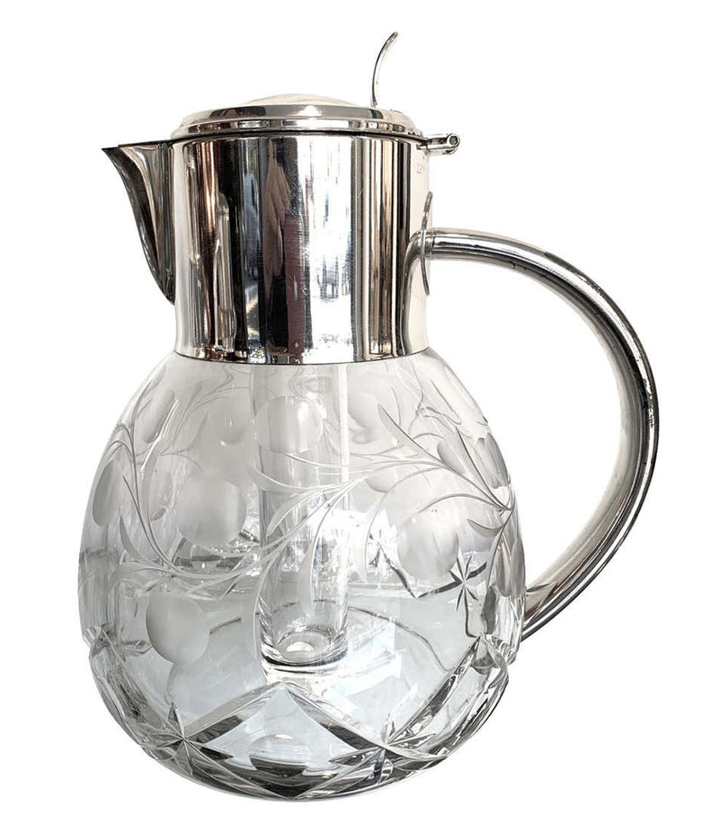 ENGLISH SILVER PLATED CRYSTAL LEMONADE / COCKTAIL JUG WITH ENGRAVED LEAVES