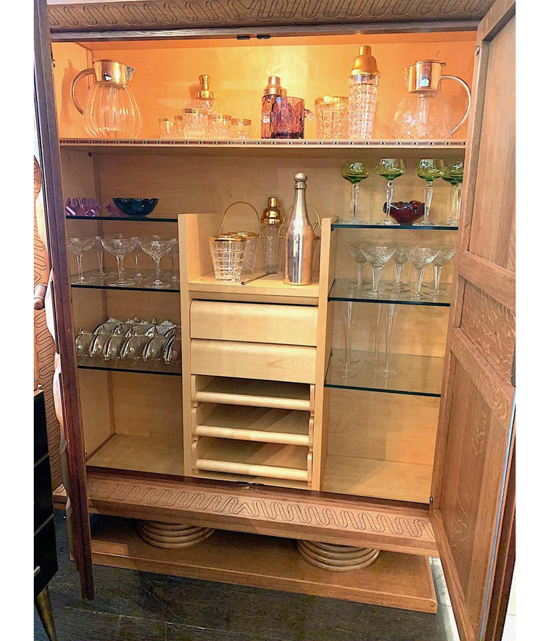 FABULOUS LARGE ART DECO OAK BAR CABINET BY CHARLES DUDOUYT WITH GLASS SHELVES