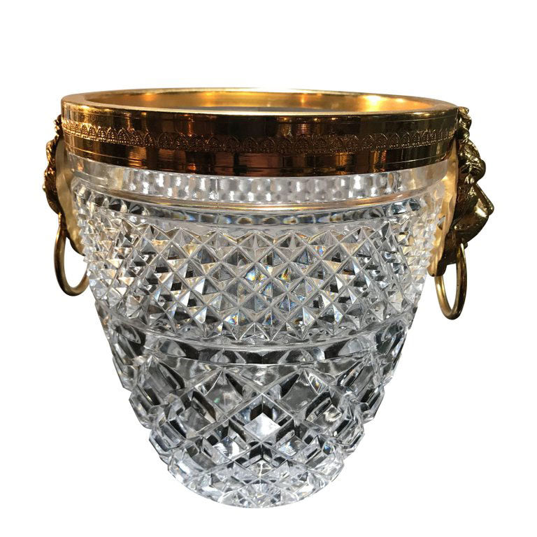 FACETED GLASS ICE BUCKET WITH GILT METAL LION HEAD HANDLES