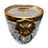 FACETED GLASS ICE BUCKET WITH GILT METAL LION HEAD HANDLES