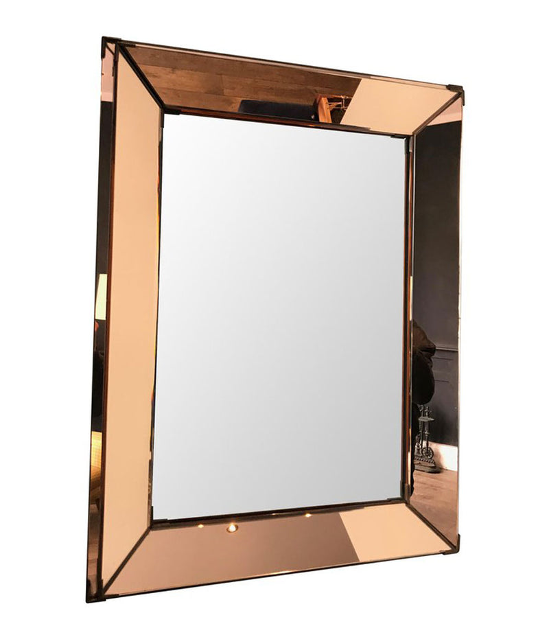 FRENCH ART DECO ROSE COLORED MIRROR WITH BRASS CORNERS