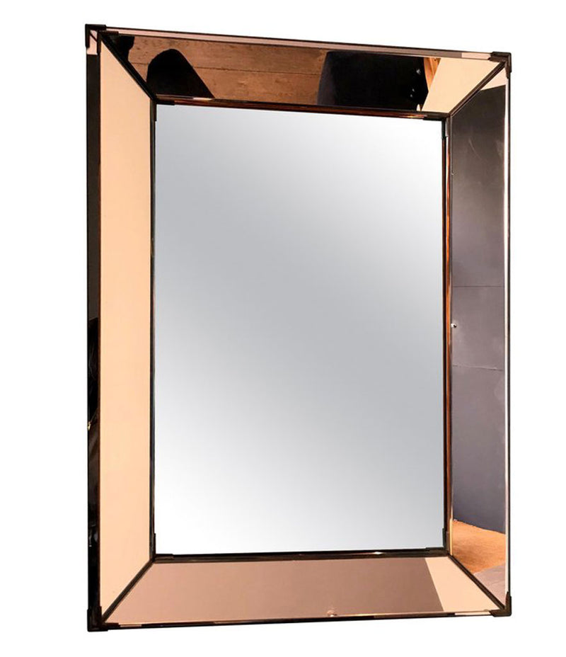 FRENCH ART DECO ROSE COLORED MIRROR WITH BRASS CORNERS