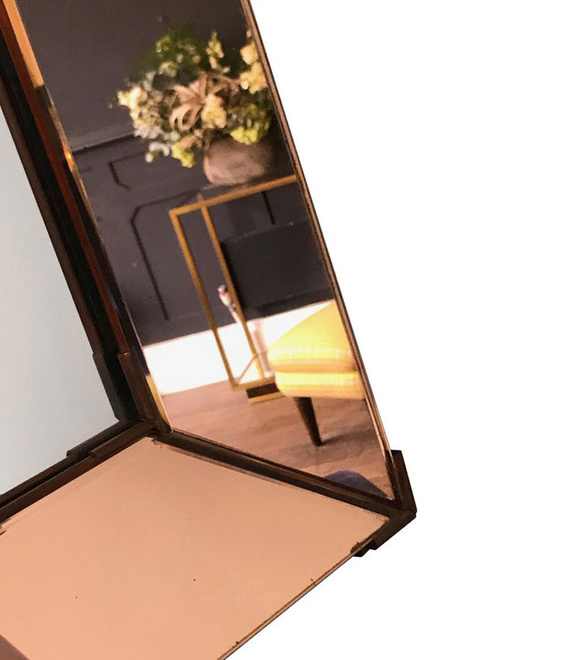 FRENCH ART DECO ROSE COLORED MIRROR WITH BRASS CORNERS