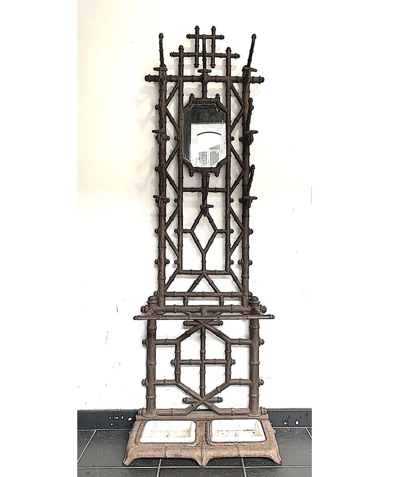 FRENCH ART NOUVEAU FAUX BAMBOO CAST IRON COAT RACK WITH ORIGINAL MIRROR PLATE