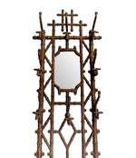 FRENCH ART NOUVEAU FAUX BAMBOO CAST IRON COAT RACK WITH ORIGINAL MIRROR PLATE