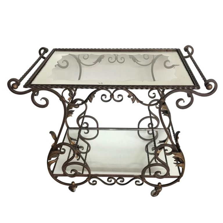 FRENCH ORNATE WROUGHT IRON BAR TROLLEY WITH 2 GLASS MIRRORED SHELVES