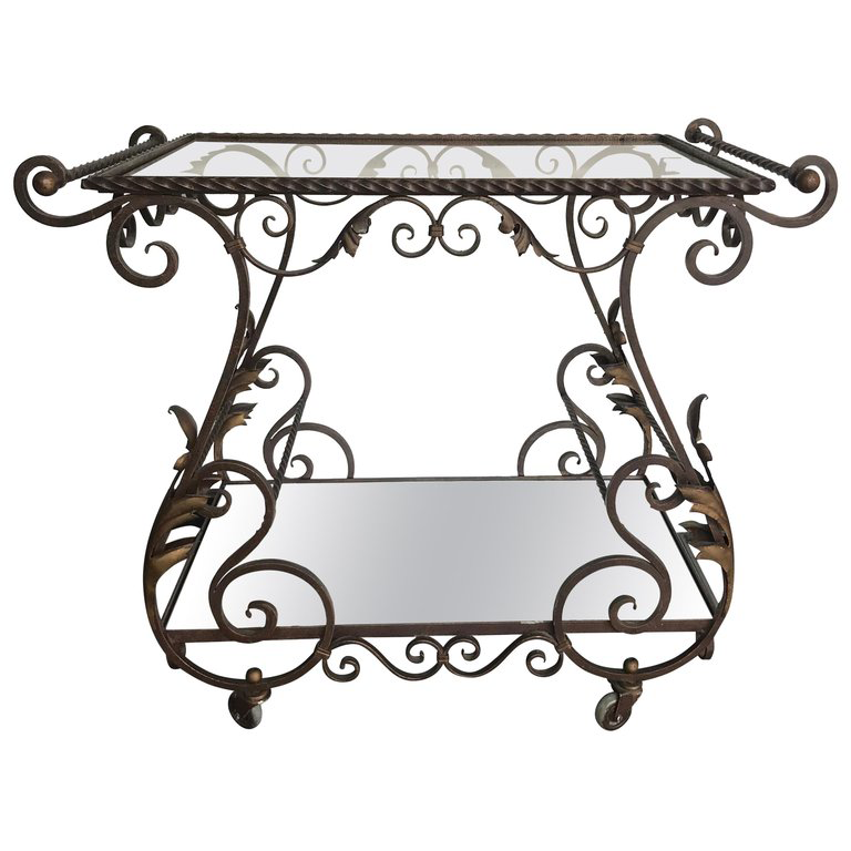 FRENCH ORNATE WROUGHT IRON BAR TROLLEY WITH 2 GLASS MIRRORED SHELVES