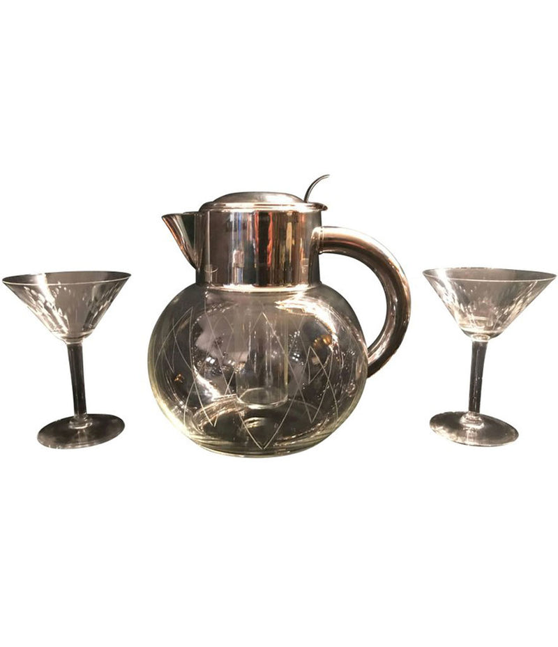 GLASS COCKTAIL JUG WITH SILVER PLATED HANDLES