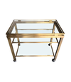 GUY LEFEVRE STYLE GILT METAL BAR TROLLEY WITH THREE GLASS SHELVES